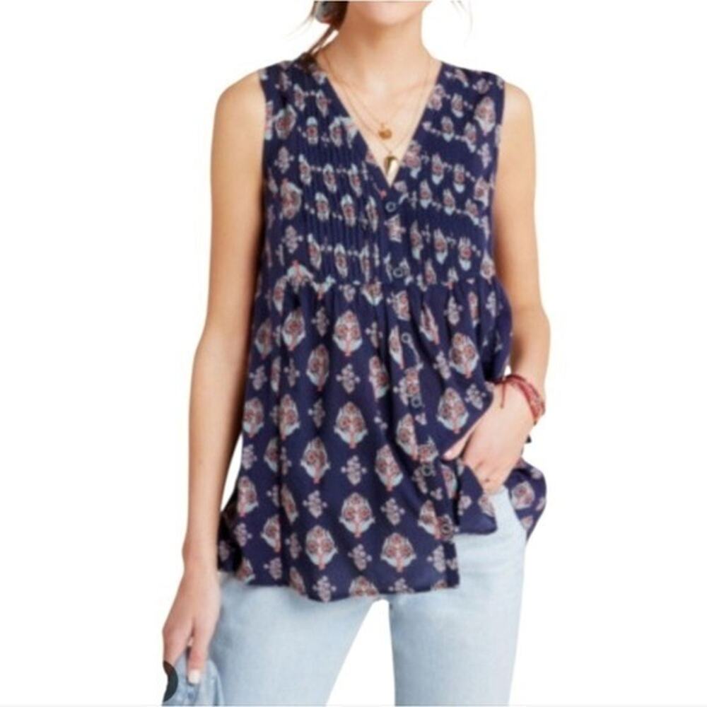 Anthropologie Maeve‎ Navy Blue Red Floral Pintuck Sleeveless Cotton Top XS